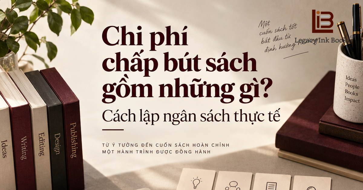 Bản thảo, ghi chú và các bước làm sách được sắp xếp trên bàn làm việc, minh họa cách lập ngân sách cho một dự án chấp bút sách.