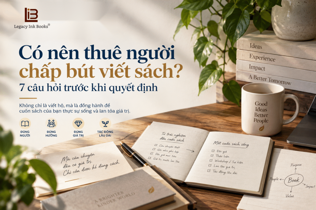 Bàn làm việc với sổ tay, sách và ghi chú được sắp xếp có cấu trúc, minh họa quá trình cân nhắc thuê người chấp bút viết sách.