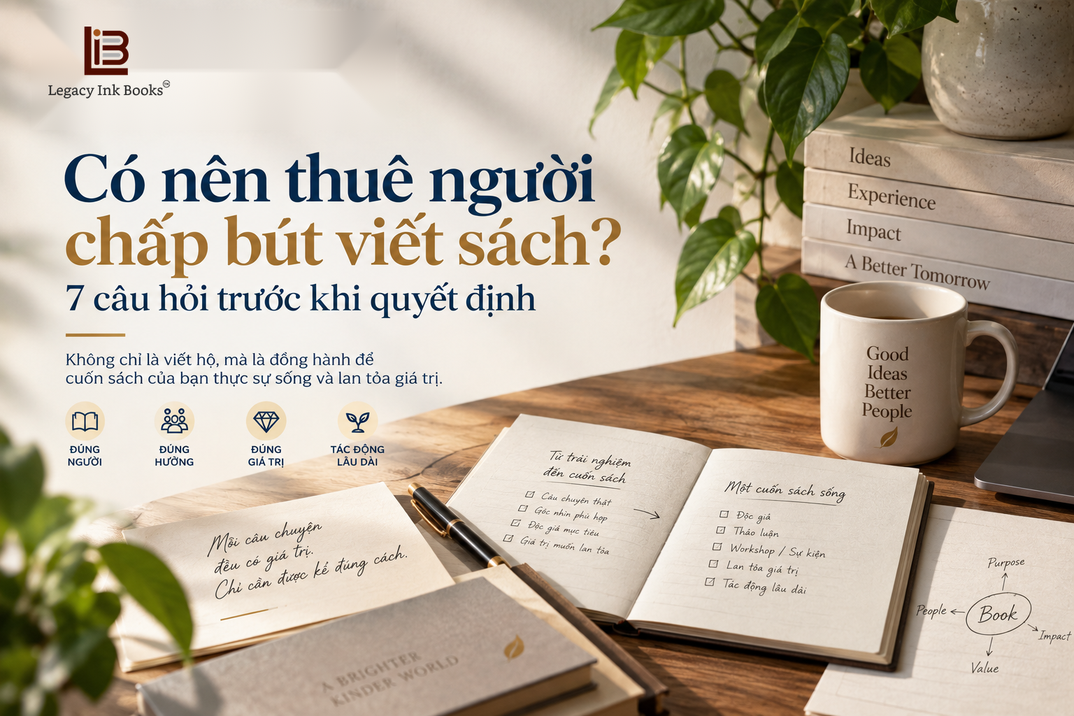 Bàn làm việc với sổ tay, sách và ghi chú được sắp xếp có cấu trúc, minh họa quá trình cân nhắc thuê người chấp bút viết sách.