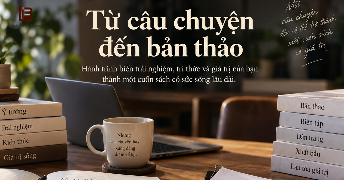 Không gian làm việc với sổ ghi chú, bản thảo và các giai đoạn từ mục tiêu, đề cương, phỏng vấn đến hoàn thiện bản thảo, minh họa quy trình làm việc với người chấp bút.