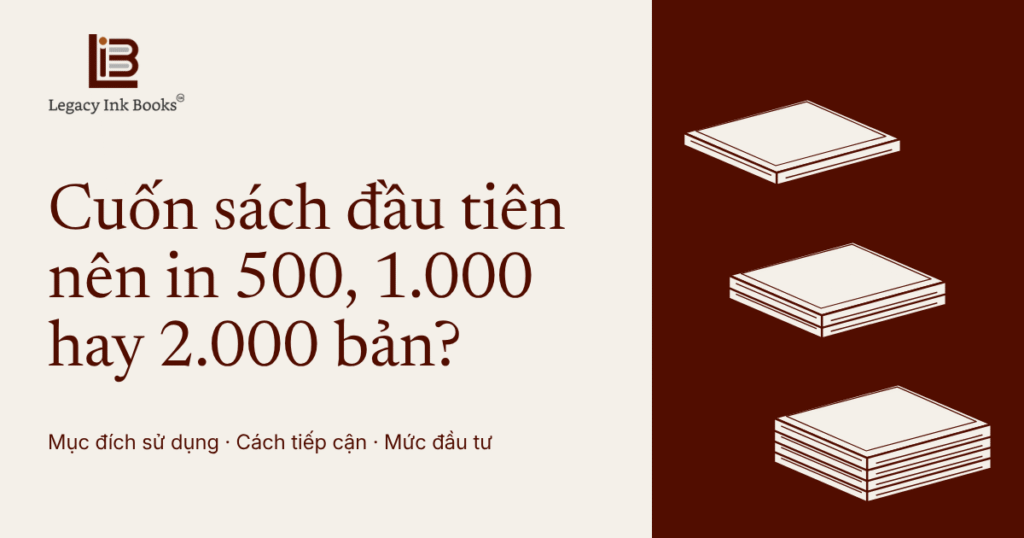 Thiết kế Legacy Ink Books với câu hỏi “Cuốn sách đầu tiên nên in 500, 1.000 hay 2.000 bản?”, ba chồng sách minh họa và dòng “Mục đích sử dụng · Cách tiếp cận · Mức đầu tư”.