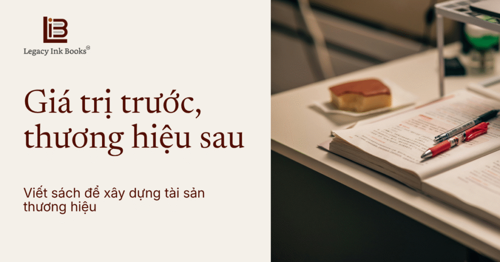 Sách mở và bút trên bàn làm việc, cạnh máy tính; thiết kế LIBs với thông điệp “Giá trị trước, thương hiệu sau”.